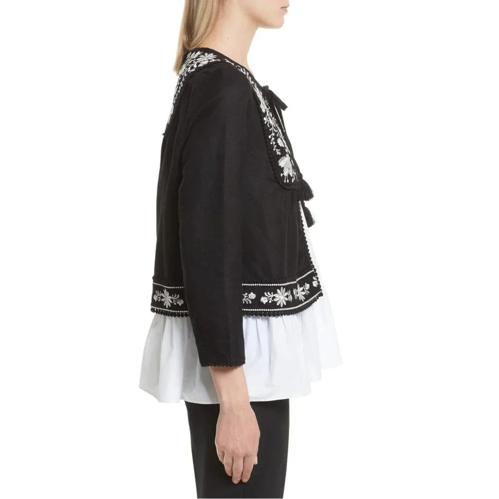 Kate Spade Black Linen Blend Crop Jacket Floral Embroidery Womens Medium